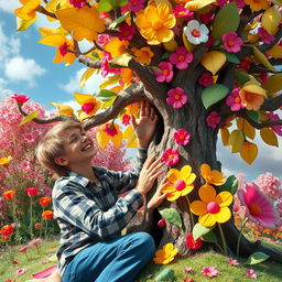 A surreal and whimsical representation of a person playfully interacting with a whimsical tree, with vibrant colors and fantastical elements