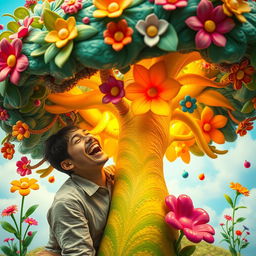 A surreal and whimsical representation of a person playfully interacting with a whimsical tree, with vibrant colors and fantastical elements