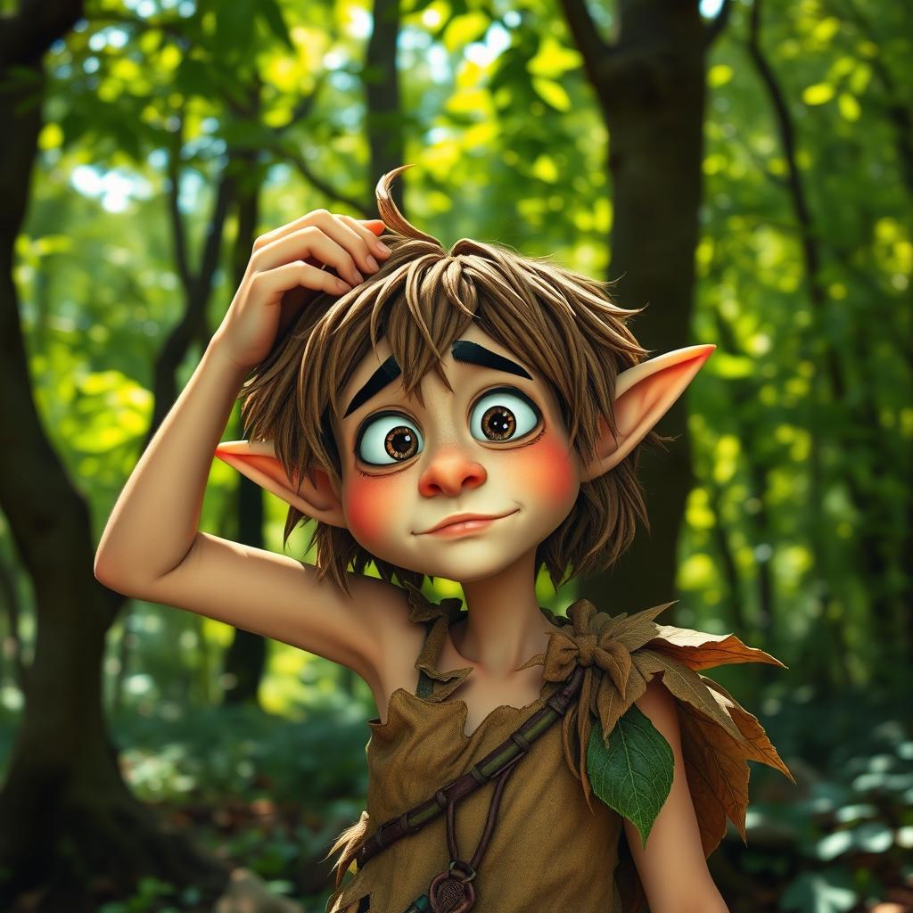 A whimsical forest elf with pointed ears, scratching his head in a perplexed manner, looking slightly confused and humorous