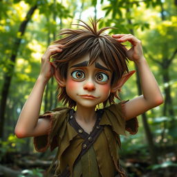 A whimsical forest elf with pointed ears, scratching his head in a perplexed manner, looking slightly confused and humorous