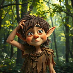 A whimsical forest elf with pointed ears, scratching his head in a perplexed manner, looking slightly confused and humorous