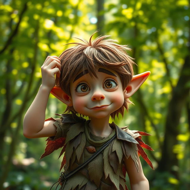 A whimsical forest elf with pointed ears, scratching his head in a perplexed manner, looking slightly confused and humorous