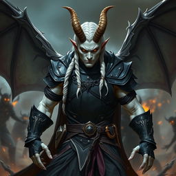 A male tiefling warlock in a battle stance, exuding a serious and formidable presence