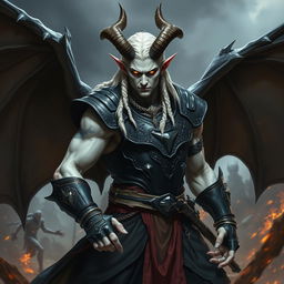 A male tiefling warlock in a battle stance, exuding a serious and formidable presence
