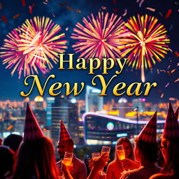 A festive New Year celebration scene featuring the phrase "Happy New Year" prominently displayed in elegant, celebratory lettering