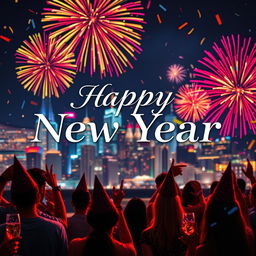 A festive New Year celebration scene featuring the phrase "Happy New Year" prominently displayed in elegant, celebratory lettering