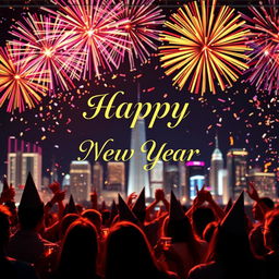 A festive New Year celebration scene featuring the phrase "Happy New Year" prominently displayed in elegant, celebratory lettering