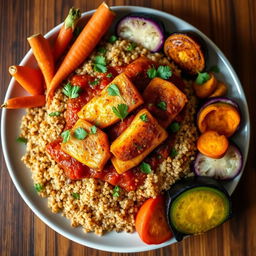 A vibrant and colorful plate of Thieboudienne, featuring quinoa instead of traditional rice, topped with succulent pieces of fish cooked in a rich, aromatic tomato sauce