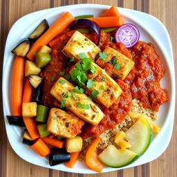 A vibrant and colorful plate of Thieboudienne, featuring quinoa instead of traditional rice, topped with succulent pieces of fish cooked in a rich, aromatic tomato sauce