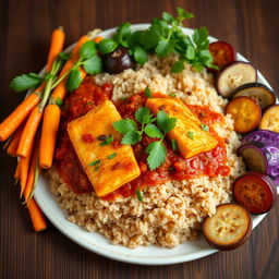 A vibrant and colorful plate of Thieboudienne, featuring quinoa instead of traditional rice, topped with succulent pieces of fish cooked in a rich, aromatic tomato sauce