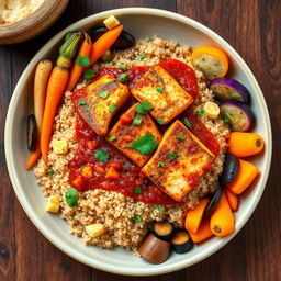 A vibrant and colorful plate of Thieboudienne, featuring quinoa instead of traditional rice, topped with succulent pieces of fish cooked in a rich, aromatic tomato sauce