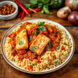 A vibrant plate of Thieboudienne, a traditional Senegalese dish with quinoa mixed with tender pieces of fish