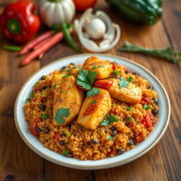 A vibrant plate of Thieboudienne, a traditional Senegalese dish with quinoa mixed with tender pieces of fish