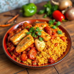 A vibrant plate of Thieboudienne, a traditional Senegalese dish with quinoa mixed with tender pieces of fish