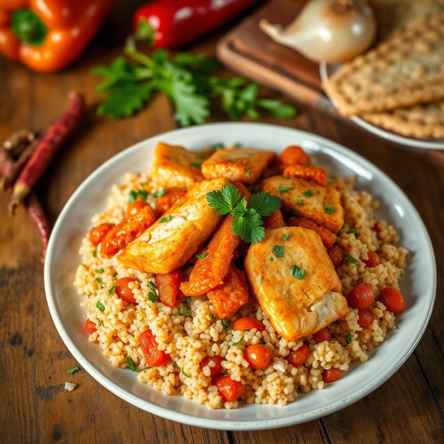 A vibrant plate of Thieboudienne, a traditional Senegalese dish with quinoa mixed with tender pieces of fish