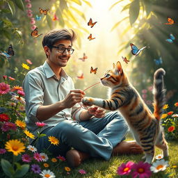 A surreal and imaginative scene featuring a whimsical interpretation of a man and a cat in a playful interaction