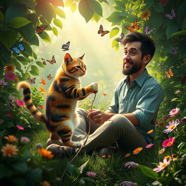 A surreal and imaginative scene featuring a whimsical interpretation of a man and a cat in a playful interaction