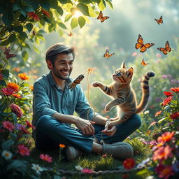 A surreal and imaginative scene featuring a whimsical interpretation of a man and a cat in a playful interaction