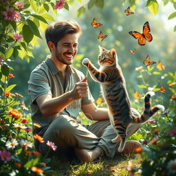 A surreal and imaginative scene featuring a whimsical interpretation of a man and a cat in a playful interaction