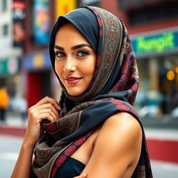 A fashionable woman wearing a stylish and sexy hijab, set against a vibrant urban backdrop