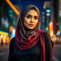 A fashionable woman wearing a stylish and sexy hijab, set against a vibrant urban backdrop