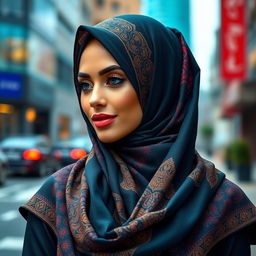 A fashionable woman wearing a stylish and sexy hijab, set against a vibrant urban backdrop