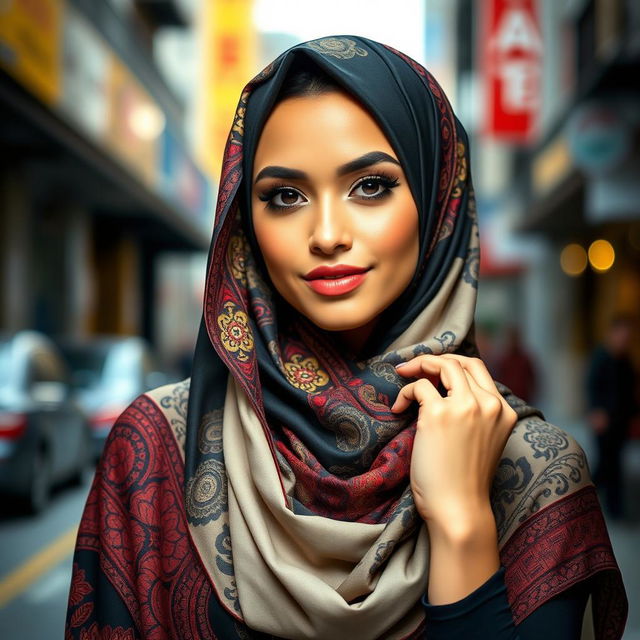 A fashionable woman wearing a stylish and sexy hijab, set against a vibrant urban backdrop