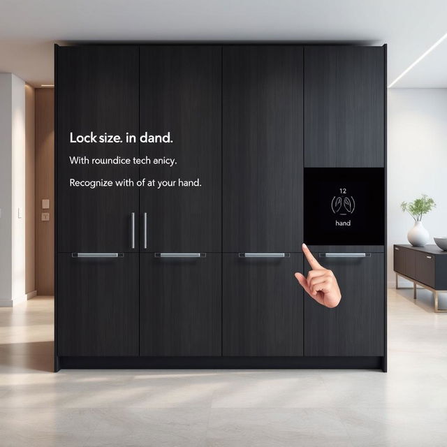 A sleek, modern cabinet designed with advanced technology that recognizes the size of a hand, showcasing a sophisticated locking mechanism that prevents it from opening with a child's small hand