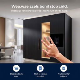 A sleek, modern cabinet designed with advanced technology that recognizes the size of a hand, showcasing a sophisticated locking mechanism that prevents it from opening with a child's small hand