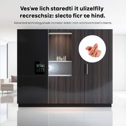 A sleek, modern cabinet designed with advanced technology that recognizes the size of a hand, showcasing a sophisticated locking mechanism that prevents it from opening with a child's small hand