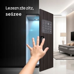 A sleek, modern cabinet designed with advanced technology that recognizes the size of a hand, showcasing a sophisticated locking mechanism that prevents it from opening with a child's small hand