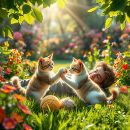 A surreal and imaginative scene featuring a whimsical interaction between a man and a cat