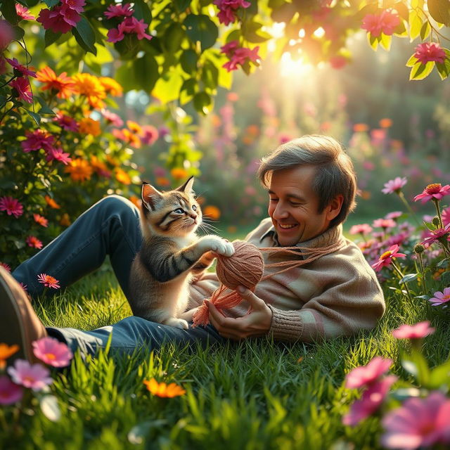 A surreal and imaginative scene featuring a whimsical interaction between a man and a cat