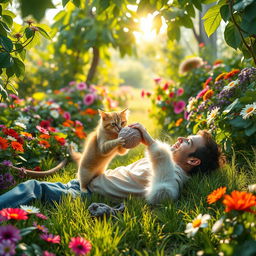 A surreal and imaginative scene featuring a whimsical interaction between a man and a cat