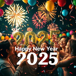 A vibrant and festive New Year 2025 celebration featuring a joyful scene with people enjoying a party