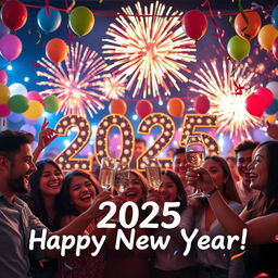 A vibrant and festive New Year 2025 celebration featuring a joyful scene with people enjoying a party