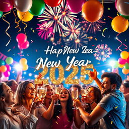 A vibrant and festive New Year 2025 celebration featuring a joyful scene with people enjoying a party