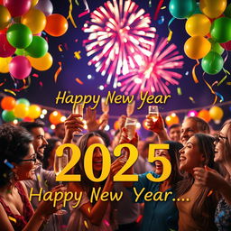 A vibrant and festive New Year 2025 celebration featuring a joyful scene with people enjoying a party