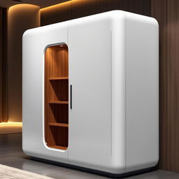 An innovative cabinet equipped with hand size recognition technology, designed with a smooth, elegant finish, maybe a high-gloss white or a rich walnut color