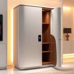 An innovative cabinet equipped with hand size recognition technology, designed with a smooth, elegant finish, maybe a high-gloss white or a rich walnut color