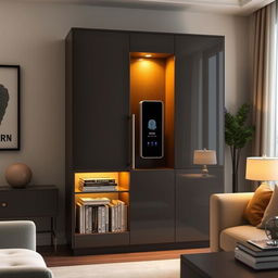 A sleek, modern cabinet designed to only open for adult-sized hands, featuring a high-tech biometric recognition system