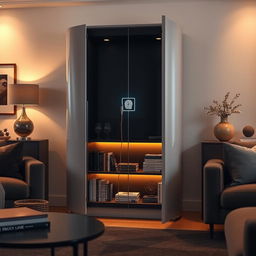 A sleek, modern cabinet designed to only open for adult-sized hands, featuring a high-tech biometric recognition system