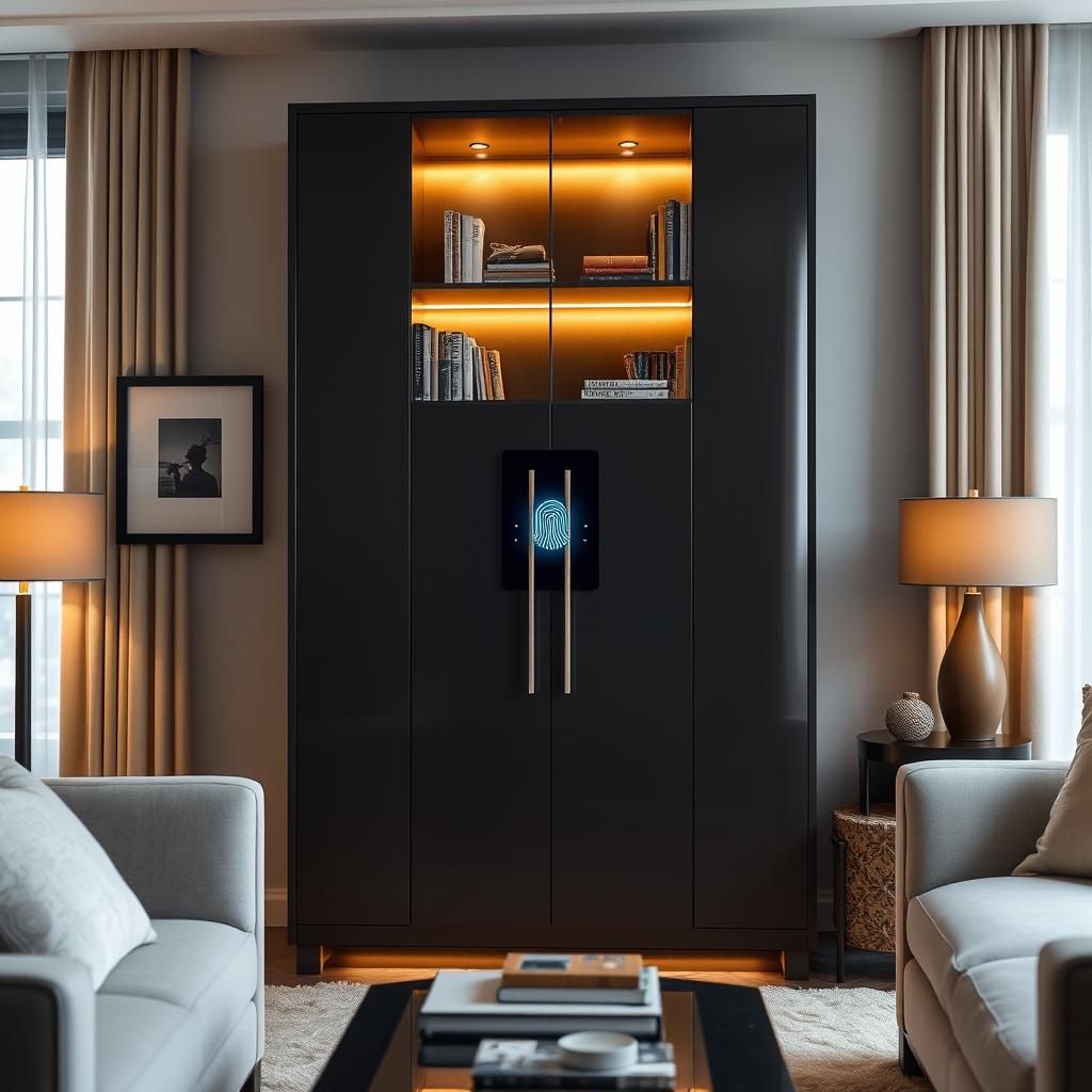 A sleek, modern cabinet designed to only open for adult-sized hands, featuring a high-tech biometric recognition system