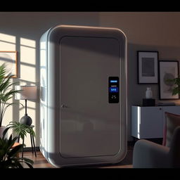 A futuristic cabinet equipped with advanced biometric technology that exclusively recognizes adult hand sizes, preventing it from opening for children's hands