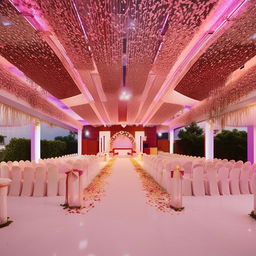 An architecturally stunning, festive marriage hall designed for a land area measuring 45ft in width and 250ft in length, equipped with distinguished seating arrangement, stylish decor, space for a stage, and ample open space for congregation.