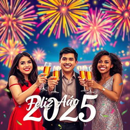 A festive and vibrant scene celebrating the New Year 2025