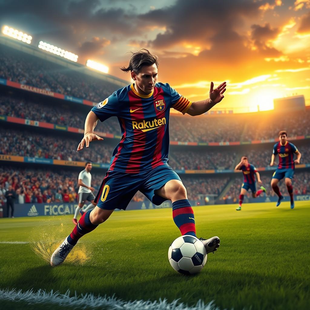 A dynamic and energetic depiction of a soccer player resembling Lionel Messi in action during an intense match