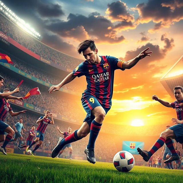 A dynamic and energetic depiction of a soccer player resembling Lionel Messi in action during an intense match