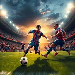 A dynamic and energetic depiction of a soccer player resembling Lionel Messi in action during an intense match