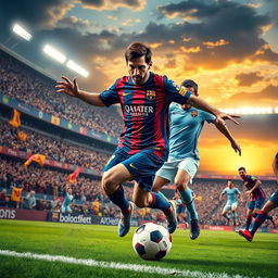 A dynamic and energetic depiction of a soccer player resembling Lionel Messi in action during an intense match